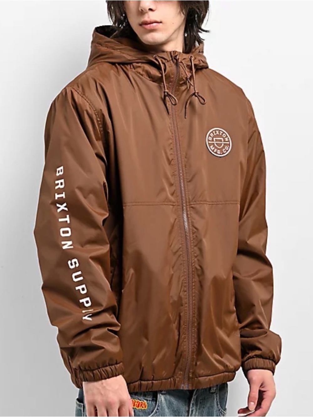EUC Brixton Claxton Crest Brown Hooded Windbreaker Jacket with Logo Sleeve Print